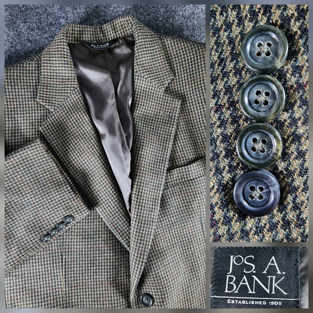Jos. A. Bank Mens 41R 100% Wool Houndstooth Sport Coat Blazer Brown Black
